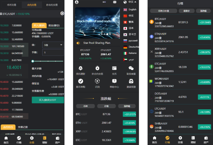 <精品源码>9多语言交易所系统/币币交易/秒合约交易/合约交易/锁仓挖矿/信托理财/新币申购/闪兑/黑白双色主题二开版