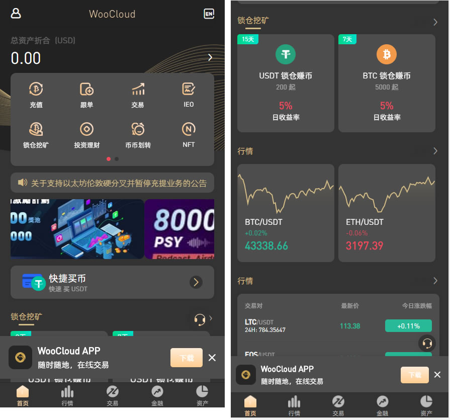 <精品源码>WooCloud交易所/秒合约/申购/矿机/风控/NFT/跟单/币币交易/期权交易/全开源/附搭建教程